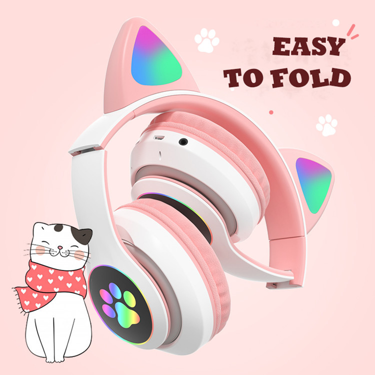 

Factory Outlet Flash Light Cute Cat Ears Bluetooth Wireless Headphones with Mic Can control LED Kid Girl Stereo Music Helmet Phone Headset Gift, White pink