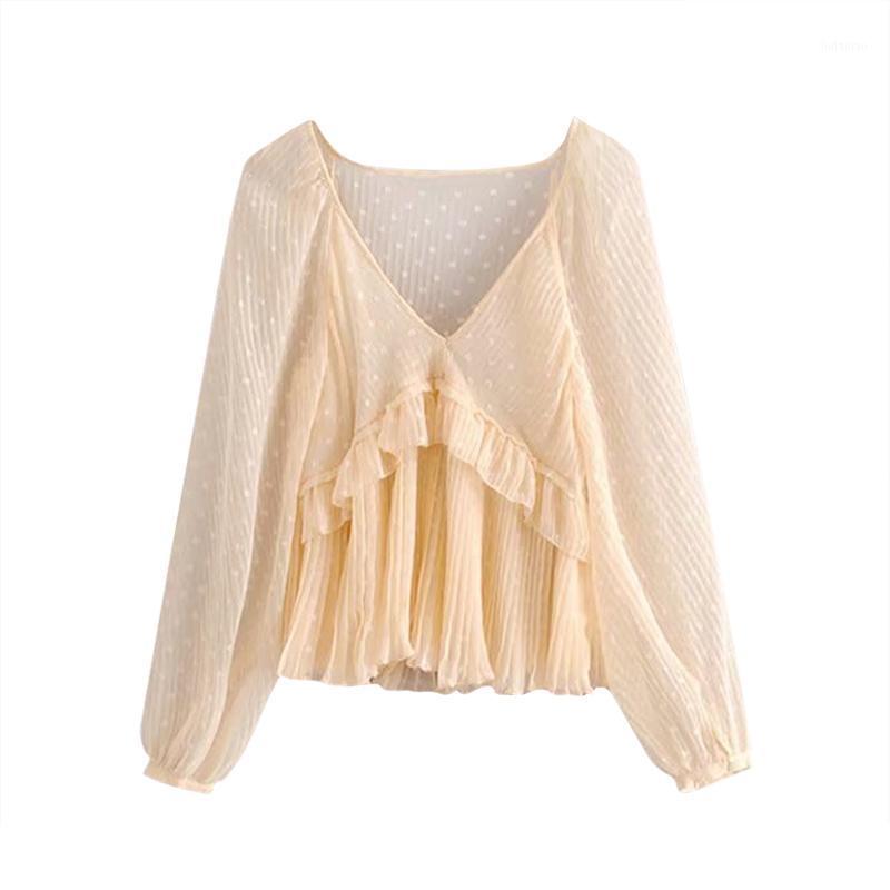 

Women Dot Print Ruffles See Through Blouse Fashion Casual Transparent Female Long Sleeve Shirts Office Lady V Neck Solid Top Women's Blouses, Black