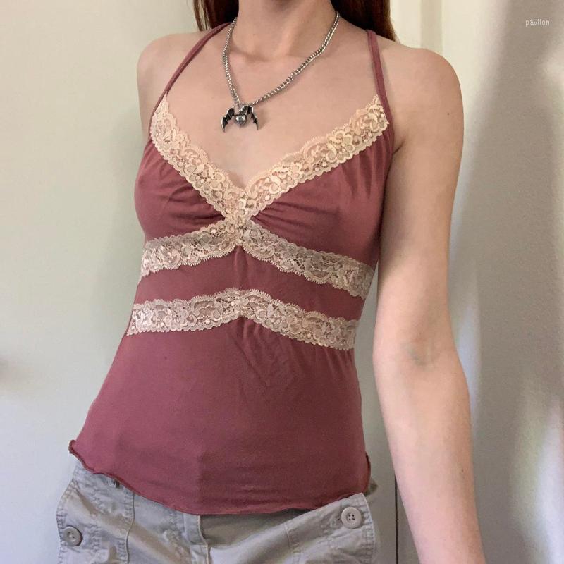 

Women' Tanks & Camis Ladies T-shirt Lace Splicing Slim Camisole Summer Leisure Style V-neck Stringy Selvedge Hem Cross Strap Sleeveless Top, Red