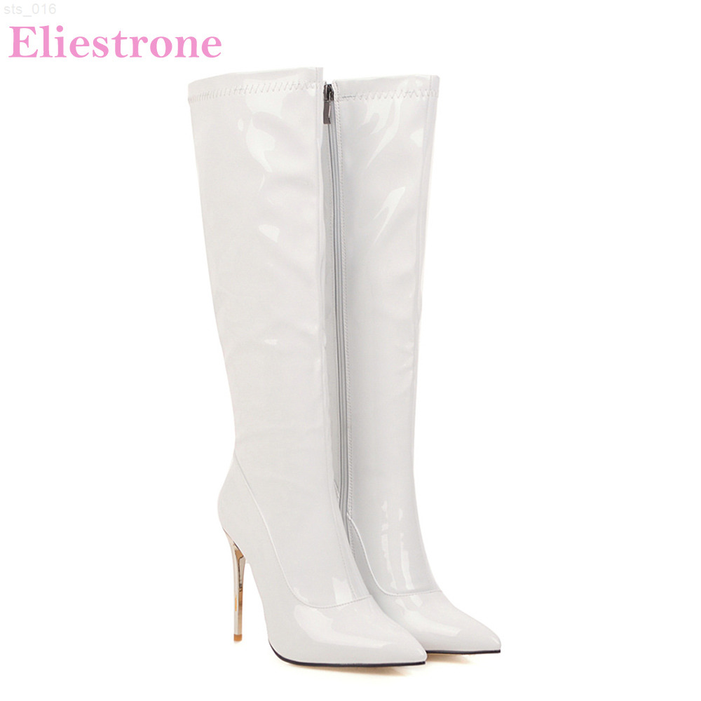 

Winter Brand New Sexy White Black Women Knee High Glossy Boots Super High Heels Lady Shoes LY05 Plus Big Size 10 43 46 48T220718