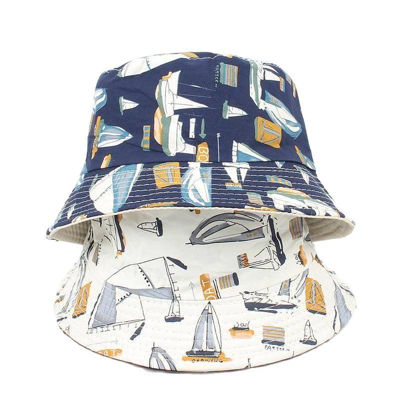 

Berets Cotton Boat Printing Bucket Hat Fisherman Outdoor Travel Foldable Sun Cap Hats For Men And Women 531Berets, White