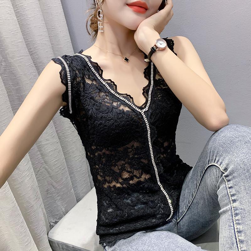 

Women' T-Shirt Summer Simple V-neck Slightly Transparent Lace And Diamond Sleeveless Vest Versatile Top With Wrapped ChestWomen, Black wrap chest
