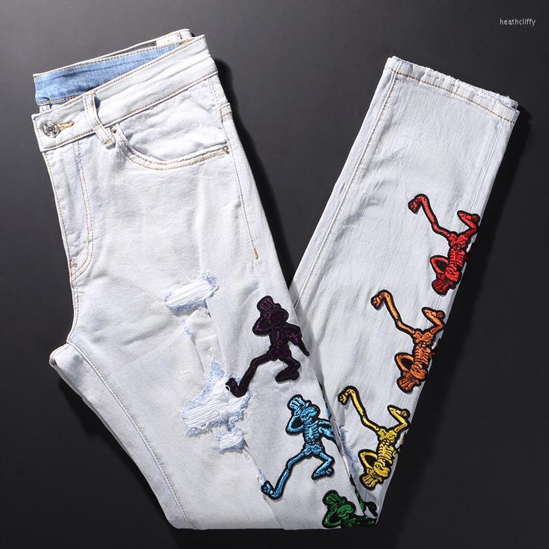 

Men's Jeans Street Style Fashion Men Retro Light Gray Blue Elastic Slim Fit Ripped Patches Designer Hip Hop Denim Punk PantsMen's Heat22