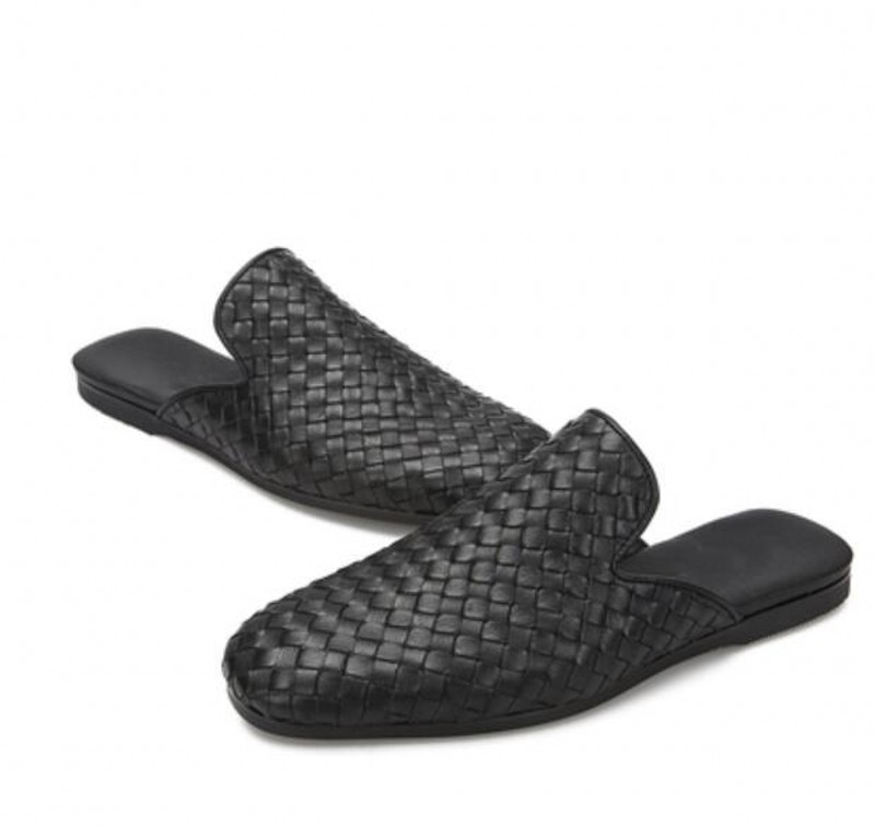 

Plaid Cow Leather Cover toe Half Slippers Flat heel Outdoor Fashion Mens Lazy Shoes Casual Shoe, Black