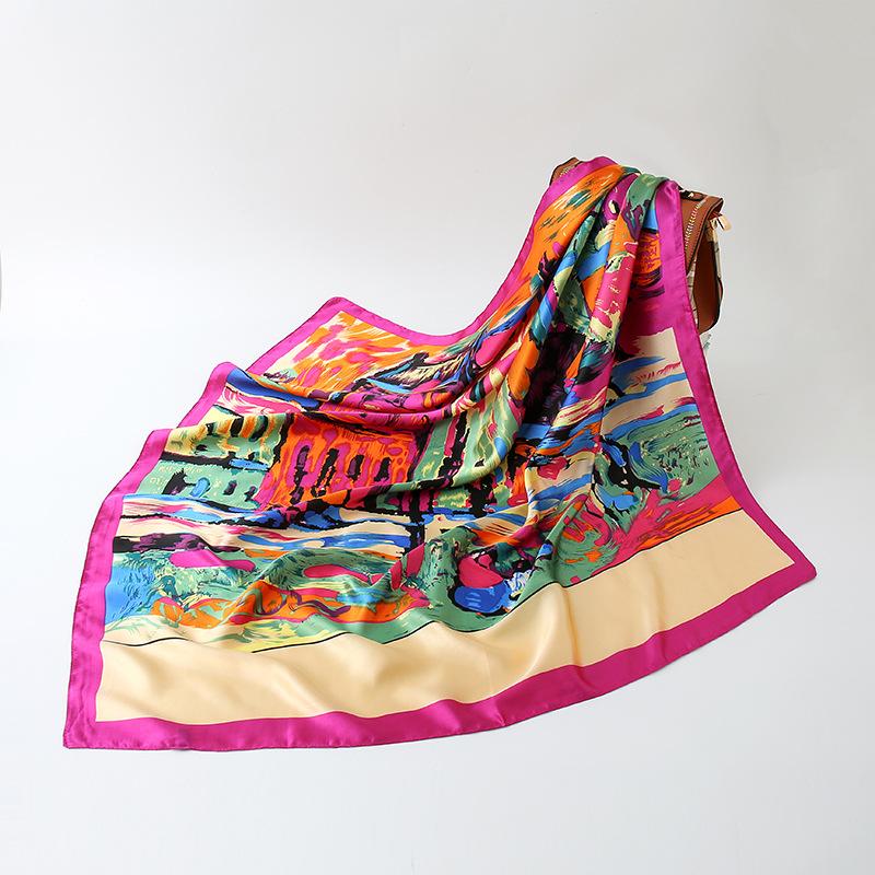 

Scarves Spring Fashion Floral Scarf Women Oil Painting Silk Satin Kerchief Scarfs 90X90CM Square Shawl Ladies Headband ScarvesScarves