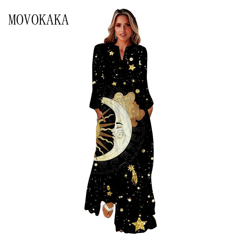 

Casual Dresses MOVOKAKA Autumn Winter Long Dress Beach Holiday Sleeve Moon Stars Print Black Woman Elegant Loose 2022, Black;gray