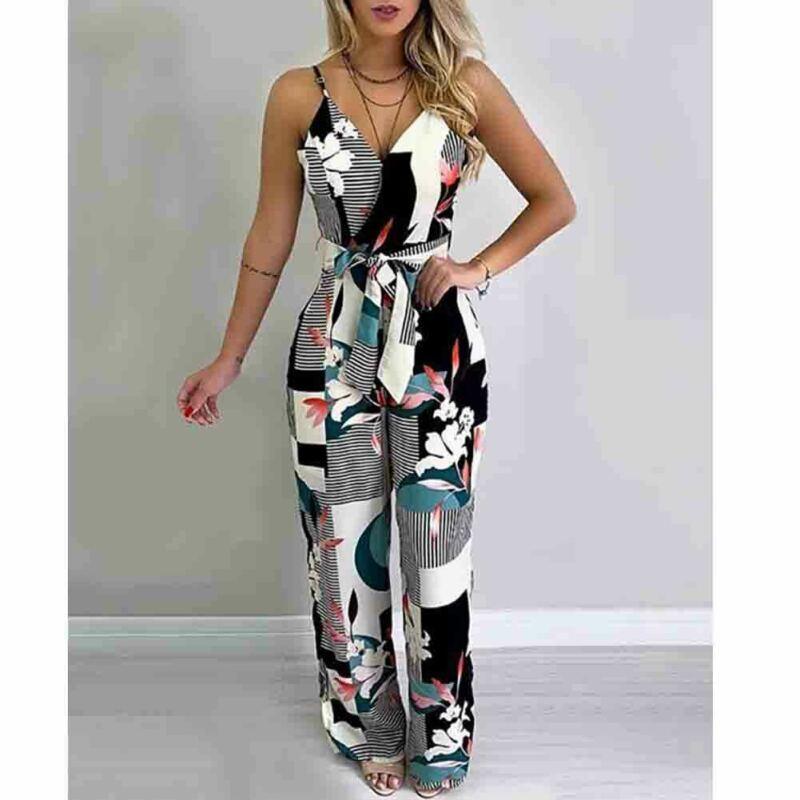 

Women' Jumpsuits & Rompers Office Lady V Neck Sexy Bodysuits Women With Belt Body Femme Feminino Floral Printed Overalls Spring Summer Jump, As pic