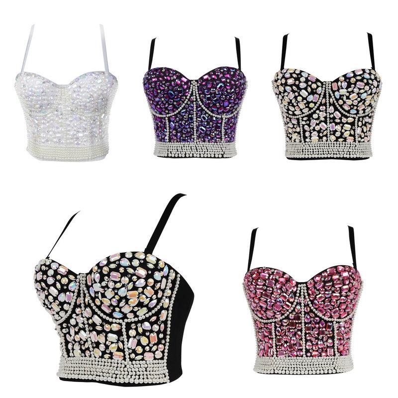 

Bras Sets Chest Shaping Corset Wearing Net Red Heavy Industry Nail Bead Vest Short Dance Bar Disco Sexy Diamond Sling Female DropshipBras, Black