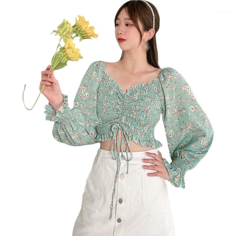 

Women's Blouses & Shirts Floral Print V Neck Sexy Sweet Exposed Navel Long Sleeves Chiffon Blouse 2022