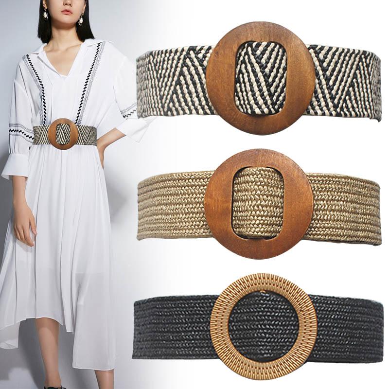 

Belts Vintage Boho Braided Belt Round Square Smooth Buckle PP Straw Woven Breathable Waist Strap Dress Ladies All-match Waistband, White