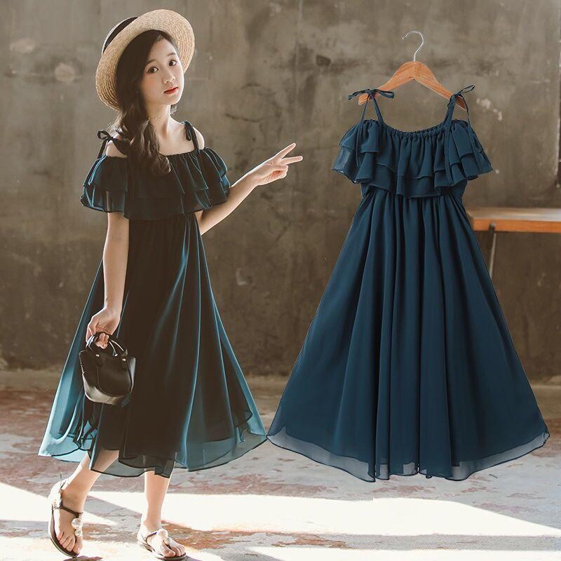 

Girl's Dresses Toddler Girls Dress 2022 Summer Chiffon Pure Color Kids Fashion Off-the-shoulder Teens Children Princess Clothes W210Girl's, 14