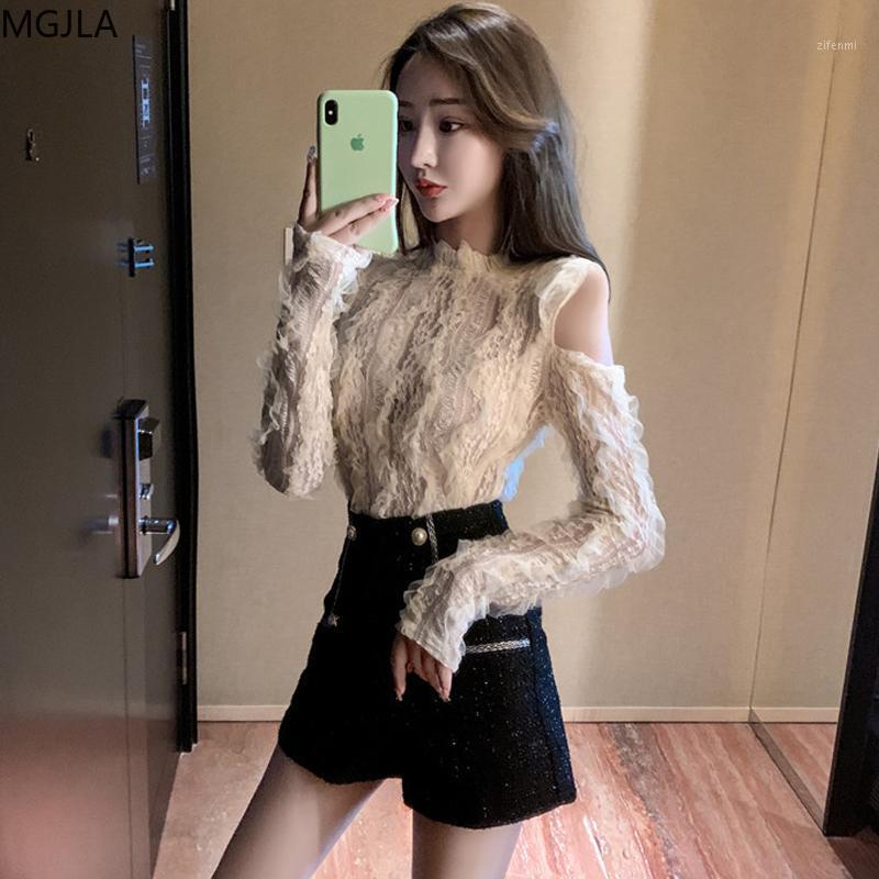 

Off-the-shoulder Women' Sexy Lace Bottoming Shirt 2022 Spring And Autumn Hyun-a Kim Wind High-end Small Tide Clothes Blouses & Shirts, Black tweed shorts