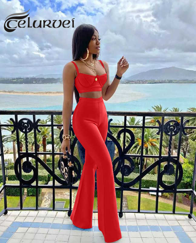 

Summer Fashion Celebrity Pant Sexy Bandage Two-piece Set Tight Short Top Amp High Waist Flared Trousers Pants, Gray