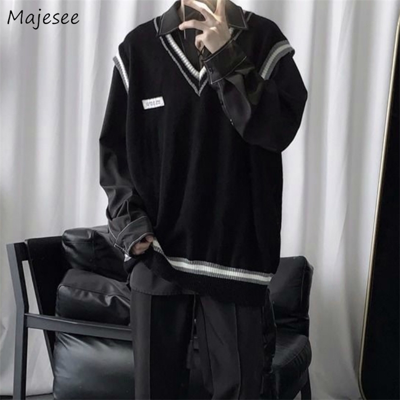 

Sweater Vest Men Vneck Patchwork Leisure Loose Allmatch Streetwear Sleeveless Sweaters Mens Chic Korean Style Teens Couples BF 220812, Black