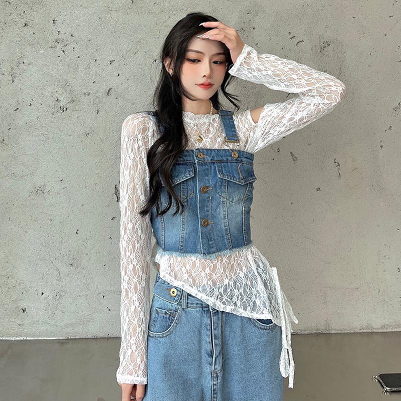 

Women's Tanks & Camis Denim Vest Woman Slim Strap Crop Tops Female Sleeveless Pocket Camislor Tank With Off Shoulder Lace Shirt Sesy Street, Lace tops