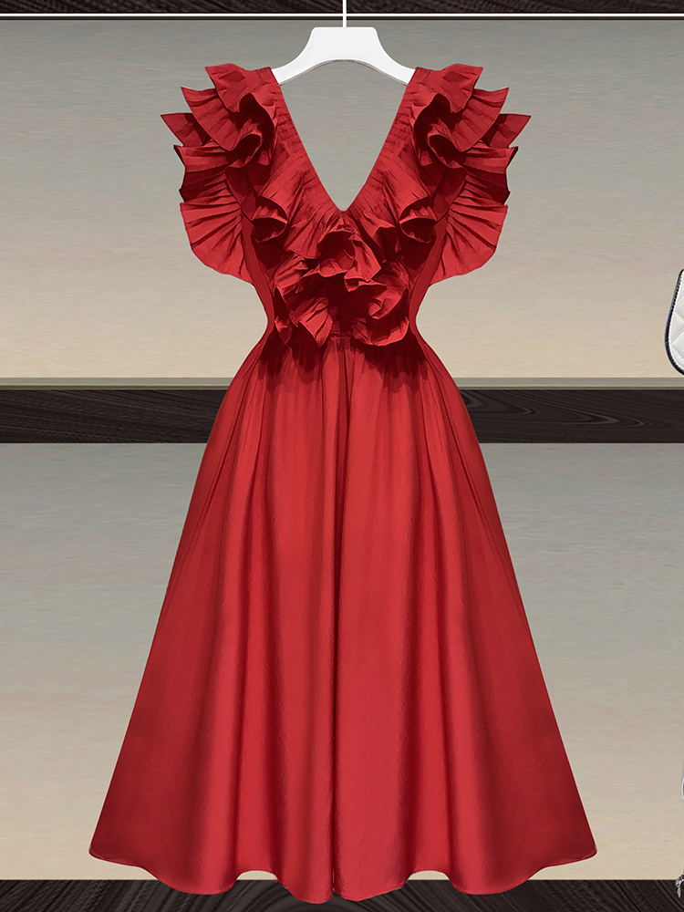 

Casual Loose Dress For Women V Neck Sleeveless High Waist Ruffle Trim Solid Midi Dresses Female Clothing Style New 2022, Same as picture