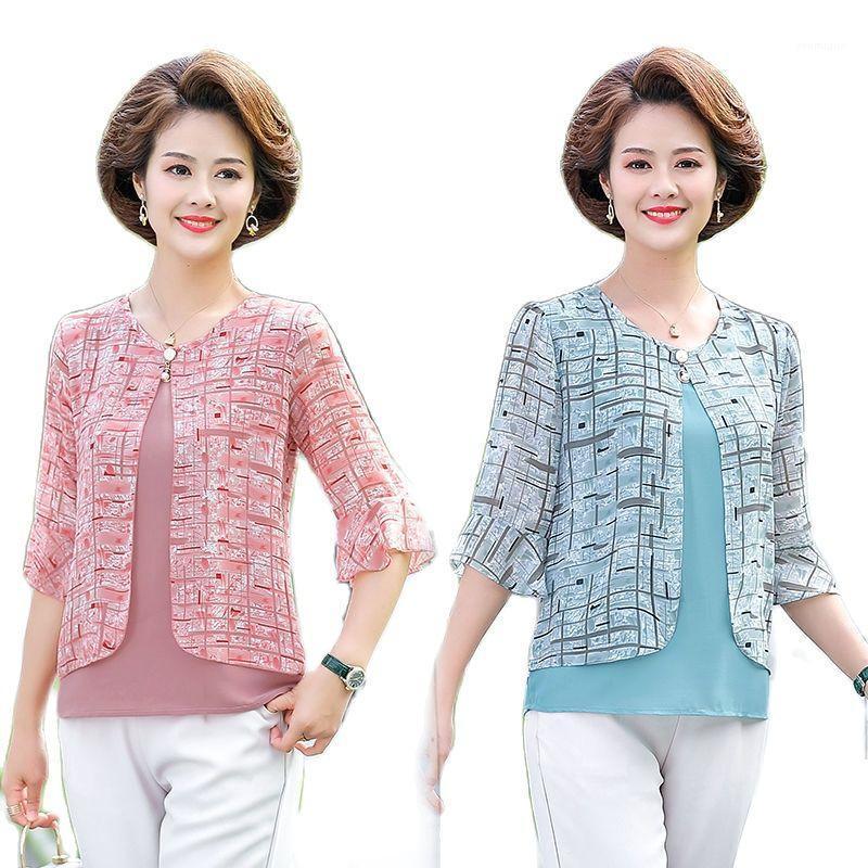 

Women's Blouses & Shirts Summer Women Loose Temperament Casual Fashion O-Neck Half Sleeve Tops Print Fake Two Chiffon Mujer Blusas MM1013, Blue