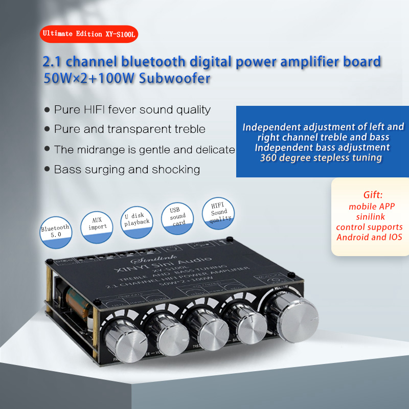 S100L Portable Audio Stereo Subwoofer Amplifier Bluetooth 5.0 2.1 Channel Power Board 50WX2+100W TREBLE Bass note tuning AMP-image-757789416