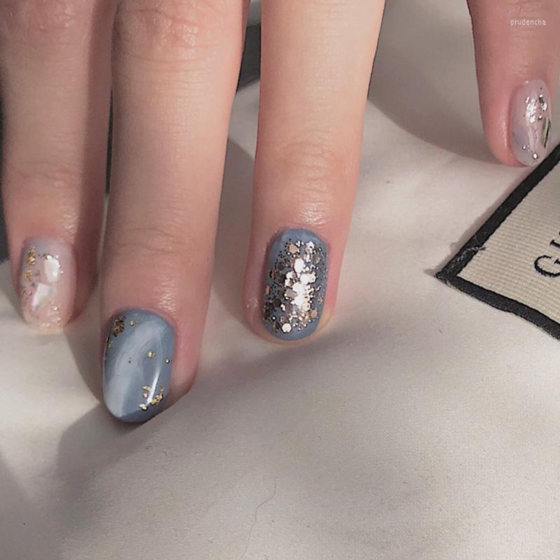 

False Nails 24pcs Gray Blue Marble Pattern Short Round Head Press On With Designs Art Tools Prud22, White