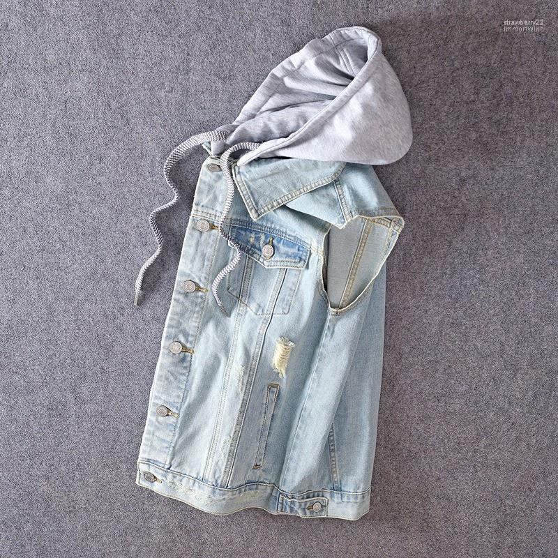 

Men's Vests Summer Sleeveless Denim Vest Jacket Men Slim Fit Hole Ripped Hooded Waistcoat Vintage Streetwear Light Blue Casual Mens Stra22