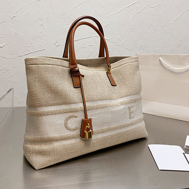

Striped Shopping Bag Canvas Tote Handbag Bucket Bags Embroidered Letters Printing Leather Portable Lock Decoration Large Capacity Handbags High Quality, 41*31cm