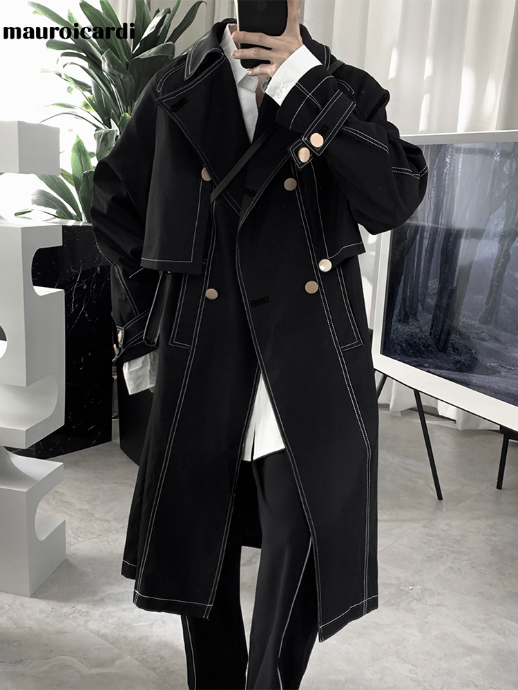

Men's Trench Coats Mauroicardi Spring Autumn Long Loose Cool Black Trench Men Double Breasted Luxury Designer British Style Overcoats for Men 220826