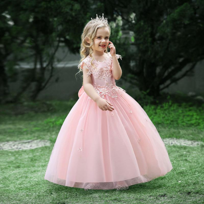 

Girl's Dresses Romantic Cap Sleeves Flower Girls For Wedding Bride Long Lace Tulle Pink Designer KidsGirl's, Lp-280-white
