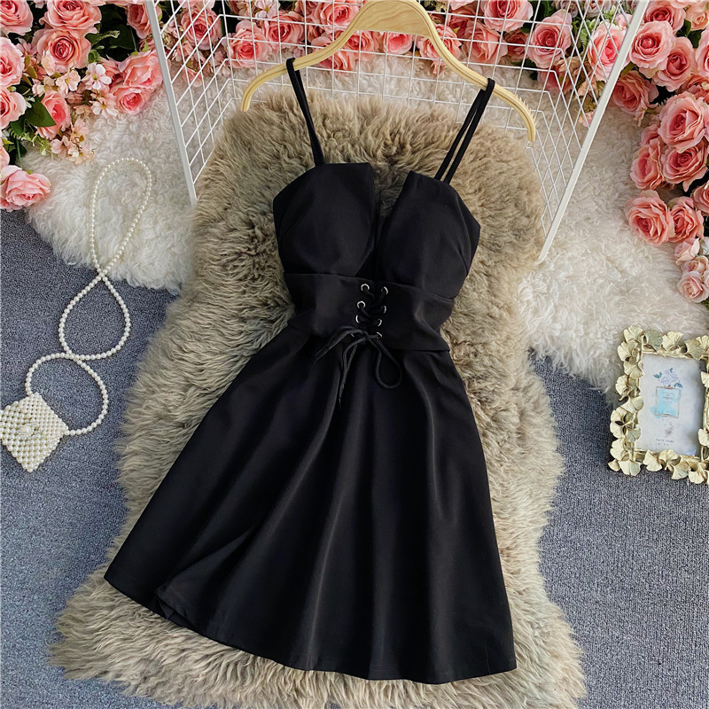 

Summer Sexy Backless Strapless Women Dress Fashion V Neck A Line Spaghetti Strap Mini Dresses Female Solid Color Club Wear 220521, Black