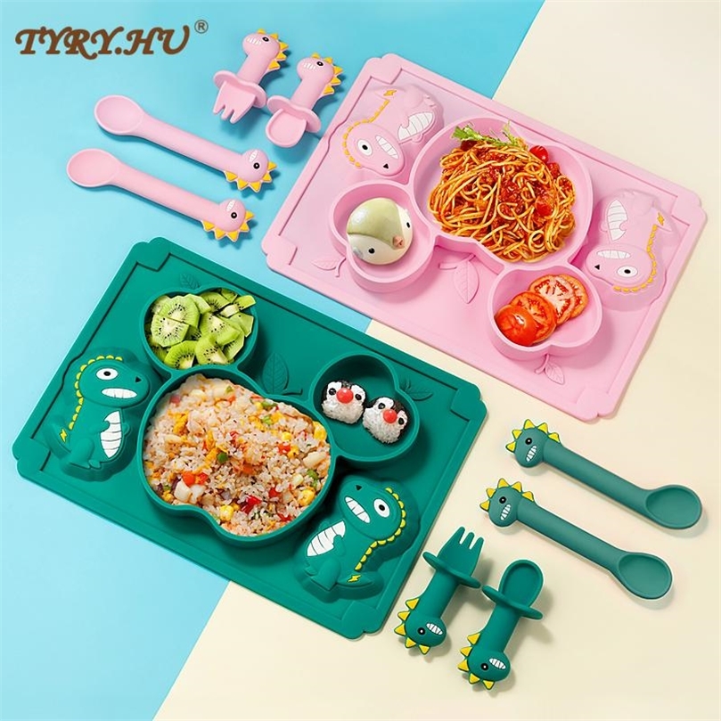 TYRYHU bébé assiette en silicone enfants bol assiettes dinosaure dessin animé cuillère fourchette ensemble bébé alimentation silicone bol vaissel