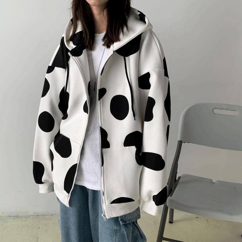 

Women's Hoodies & Sweatshirts Autumn And Winter Women's Cow Print Color Block Zipper Hooded Cardigan Jacket Thick Warm Loose Casual Hara, Dark grey