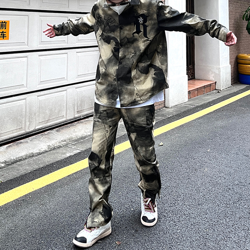 

High Street Camouflage Drawstring Casual Trousers Men's Ankle Zipper Straight Patchwork Baggy Track Pants