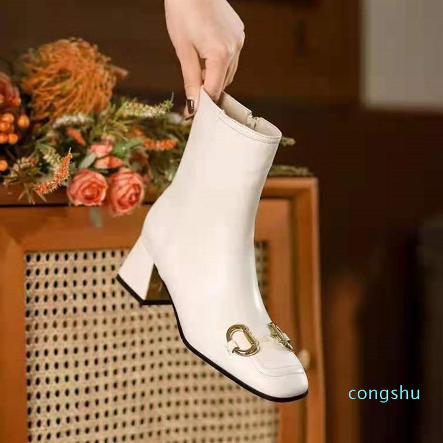 

Autumn and winter fashion show womens boots platform designer boot cowhide leather black thick heel woman Bootss216T