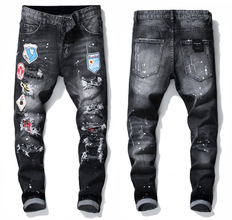2022 Tops Badge Rips Stretch Black Jeans Men Jean Mens Fashion Hip HOP Trousers 10200 Slim Fit Washed Motocycle Denim Pants Panelled