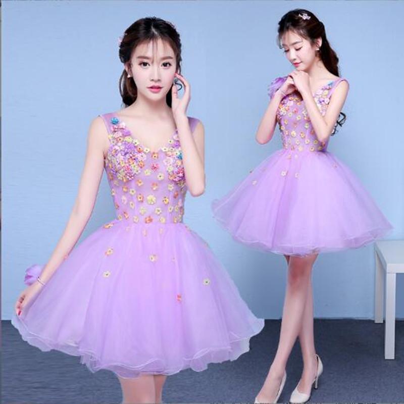 

Party Dresses Short Simple Ruched Homecoming Light Purple Girl 3D Flower Prom Gown Mini Vestido De NocheParty, As 1
