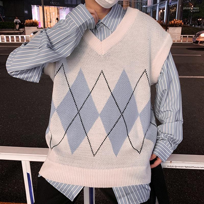 

Sweater Vest Men Patchwork V-neck Sleeveless Sweaters Chic Preppy Style Side-Slit Couples Teens Retro Waistcoat Men's Vests Phin22, Apricot