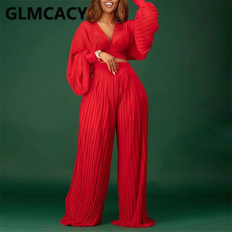 Femmes deux pièces élégant costumes amples à manches longues col en V haut court jambe large pantalon plissé ensemble 220718