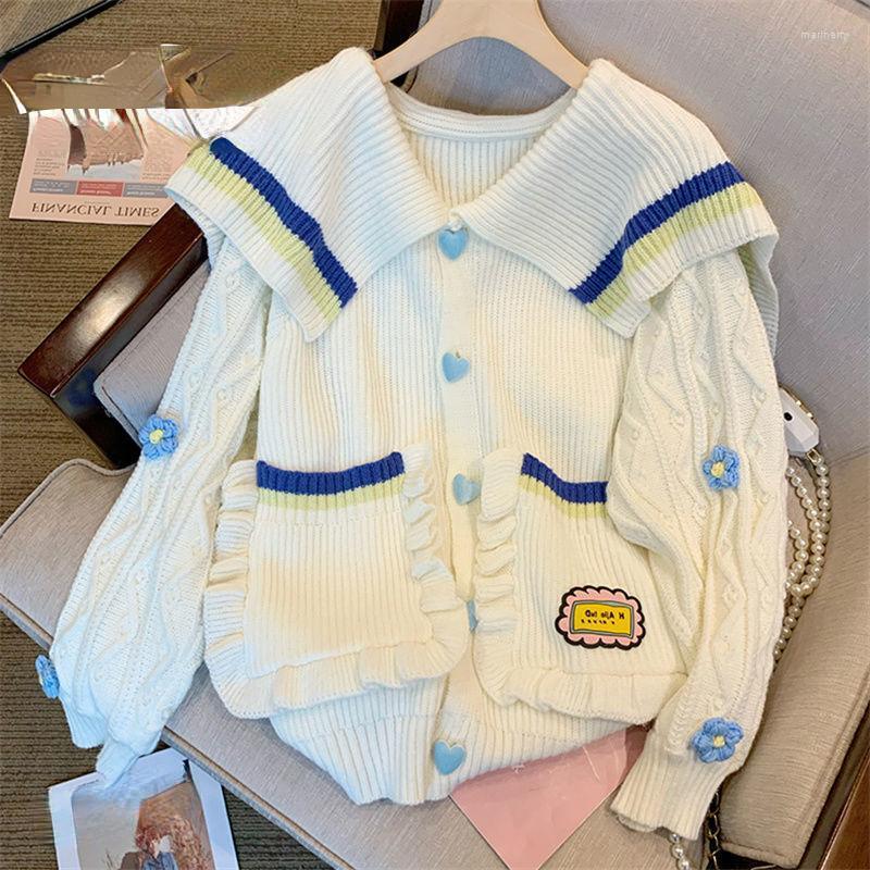 

Women' Knits & Tees Korean Vintage Floral Sailor Collar Sweater Women 2022 Fall Winter Lazy Style Loose Cardigan Sweet All-match Casual Jum, White