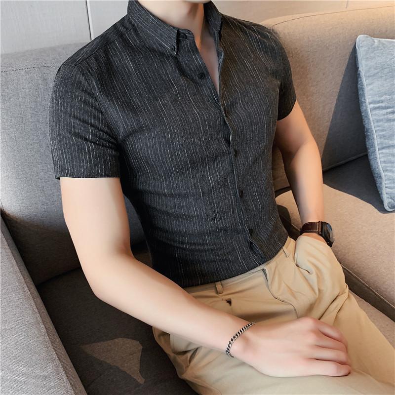 

Men's Casual Shirts Summer Men's Clothing Fashion Tight Striprd Shirt Single Breasted Cardigan Slim Short Sleeve MenMen's, Black