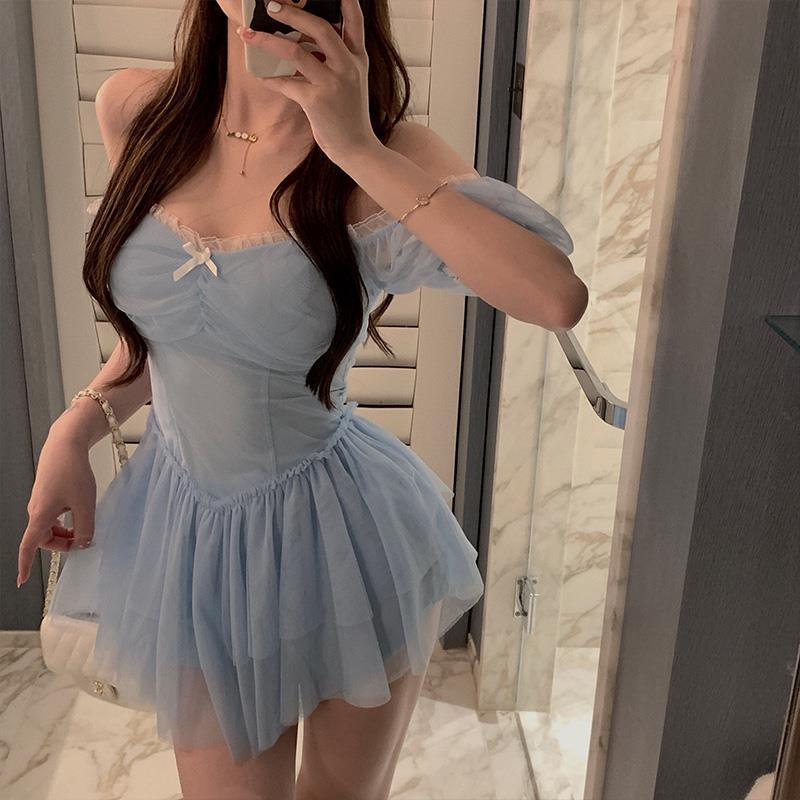 

Party Dresses Korean Mini Sexy Dress Female Summer High Waist Elegant Kawaii Short Sleeve Design Sweet Casual 2022, Blue