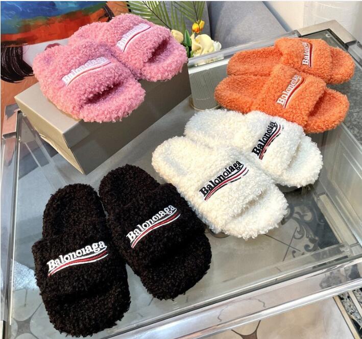 

winter Men Cartoon slippers Hotel bedroom fashion Lazy black white letter women designer shoes sexy Flat Lady 100% keep warm wool flops Large size -41