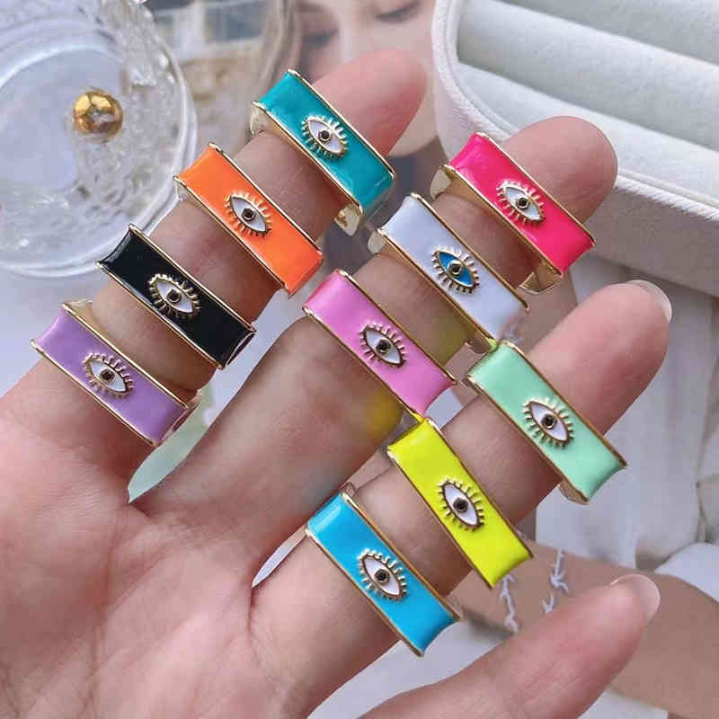 10Pcs Fashion gold plated enamel colorful Turkey Evil Eye Adjustable vintage rings for wholesale jewelry Women-image-760616857