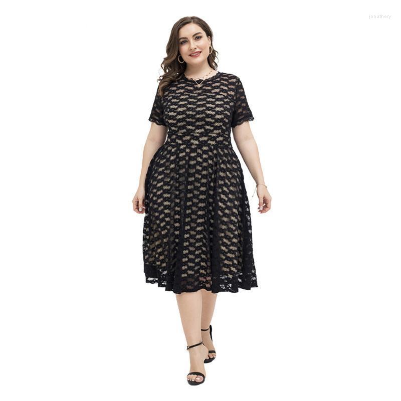

Plus Size Dresses Elegant Stylish Women's Clothing Lace Party Short Ladies Midi Dress Female Skirt Black Patchwork Loose Fit 2022 V Jona22