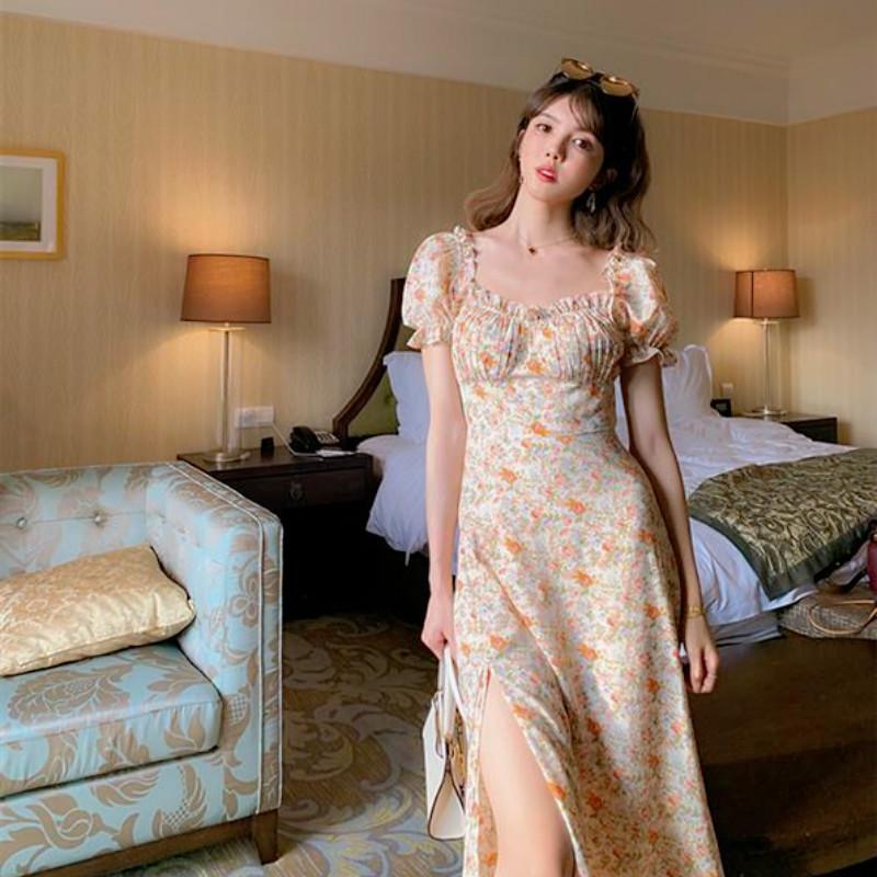 

Party Dresses Summer Floral For Women Vintage Cottagecore French Style Puff Sleeve Chiffon Korean Fashion Elegant Retro DressParty, Long dress