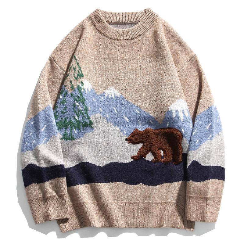 

Men' Sweaters Men' Hip Hop Streetwear Snow Mountain Bear Mens Knitted Sweater Autumn Harajuku Oversize Cotton Loose Pullover MenMen, Khaki