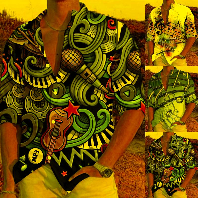 

Men's Casual Shirts Fitted Dress Shirt Male Music Print Long Sleeve Turn Down Collar BlouseMen's, Black