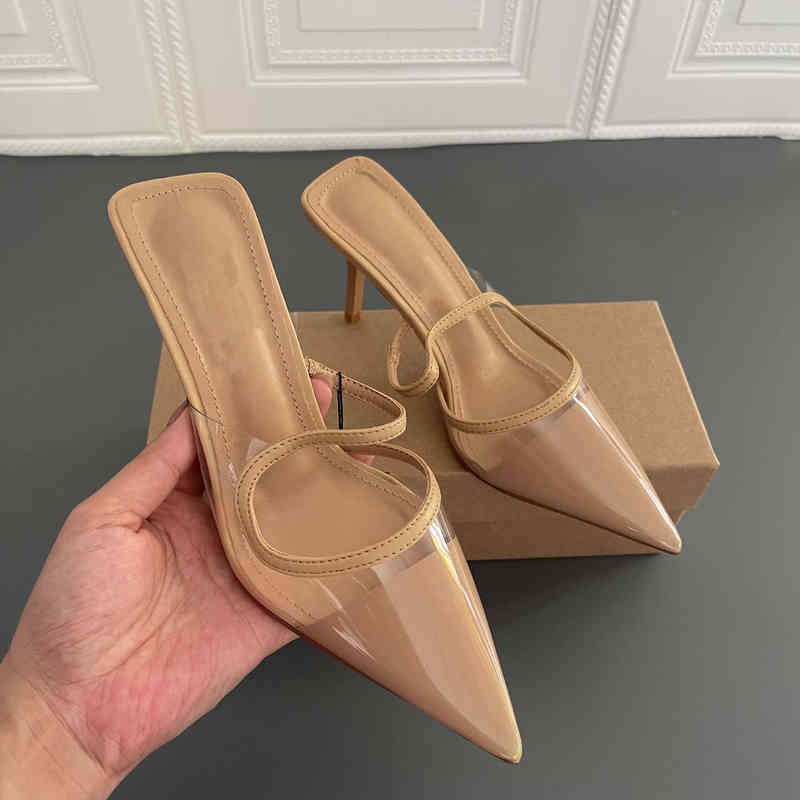 

High Quality Pointed Toe Mules 8cm High Heels Sandals Women Summer Nude Clear Leather PVC Pumps Shoes Ladies H220422, Khaki