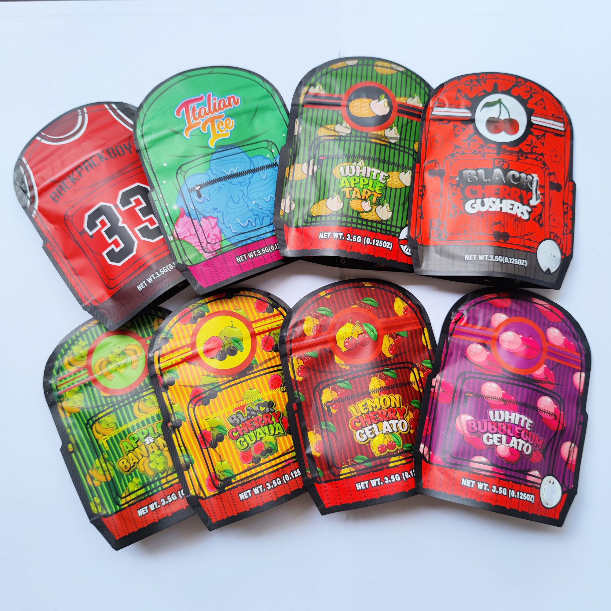 

Irregular unique shaped Backpack boyz die cut packing bags 3.5g 33 zerbert gelato Backpackboyz resealable edible Smell proof bag mylar edibles Flower packaging bag