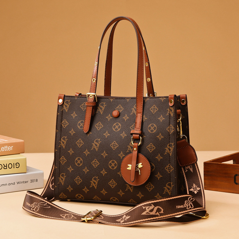 

Wholesale ladies brand shoulder bags Hong Kong style foreign style printed handbag horizontal large capacity leather tote bag elegant joker letters retro handbags, Coffee-1006