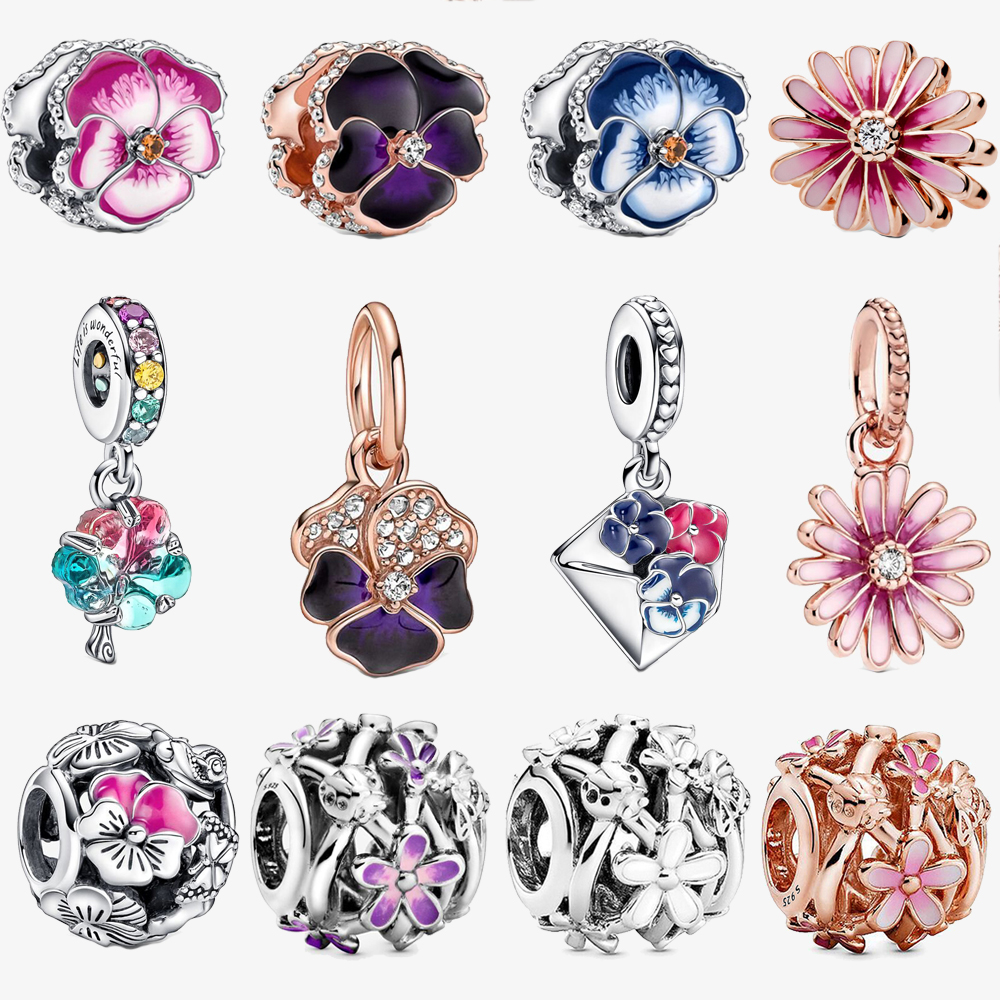 

925 Sterling Silver Dangle Charm Color Pansy Daisy Pink Flower Garden Charms Bead Fit Pandora Charms Bracelet DIY Jewelry Accessories