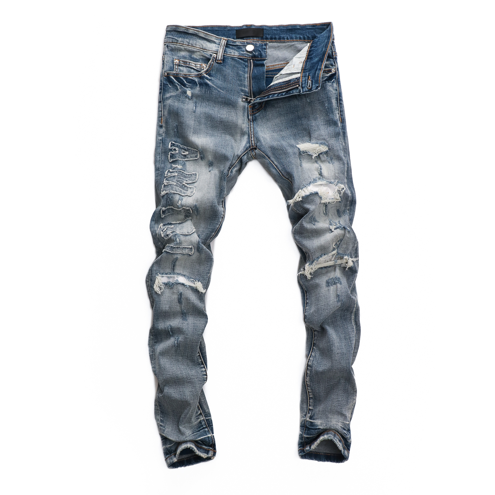 

Men's Jeans European Jean AM Letter Embroidery Men Patchwork Ripped For Trend Brand Motorcycle Pant Mens Skinny